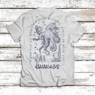 Camiseta Desenho Cristão de Polvo Águas Profundas Isaías 43