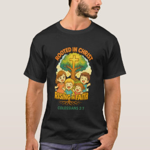 Camiseta Desenho Cristão Enraizado em Cristo Ressuscitando 