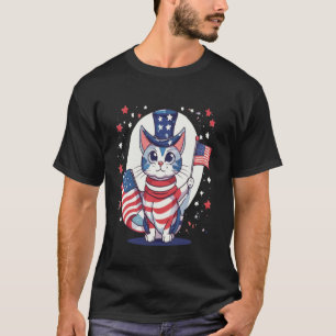 Camiseta desenho da bandeira dos eua com gato, comemore 4 d
