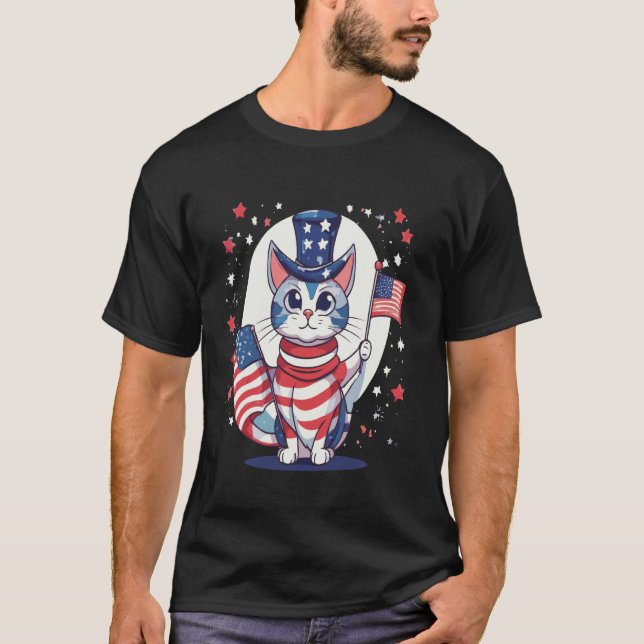 Camiseta desenho da bandeira dos eua com gato, comemore 4 d (Frente)