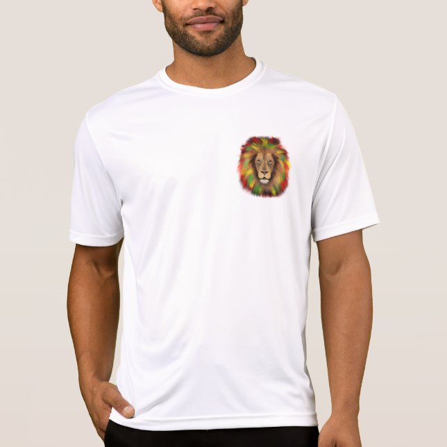 Camiseta Desenho da cabeça de leão Rasta vermelho amarelo v (Frente)
