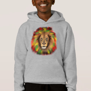 Camiseta Desenho da cabeça de leão Rasta vermelho amarelo v