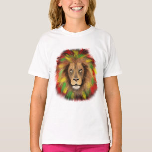 Camiseta Desenho da cabeça de leão Rasta vermelho amarelo v