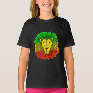 Camiseta Desenho da cabeça de leão Rasta vermelho amarelo v