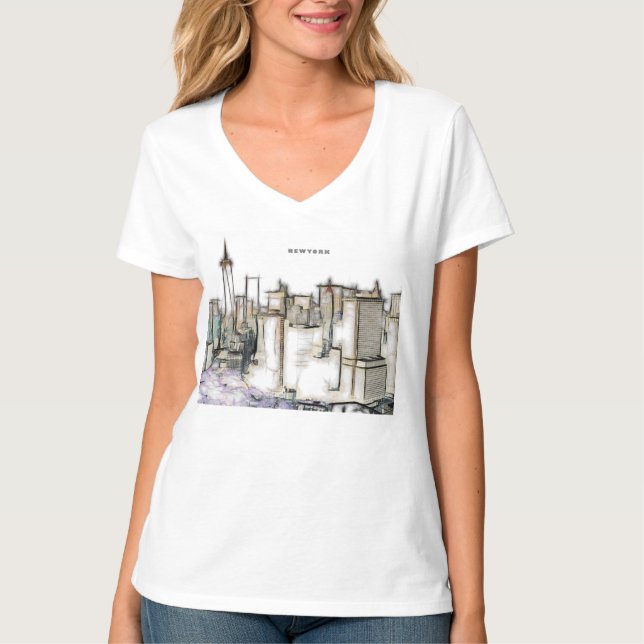 Camiseta Desenho da Cidade de Nova Iorque, Linha do Céu Pre (Frente)