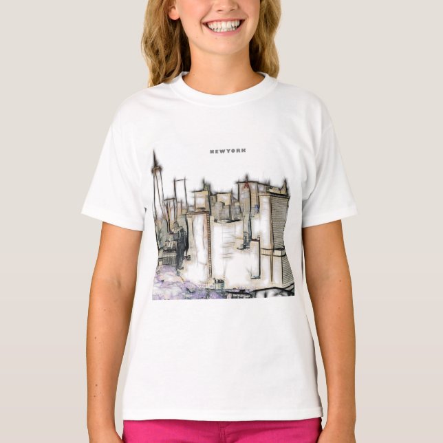 Camiseta Desenho da Cidade de Nova Iorque, Linha do Céu Pre (Frente)