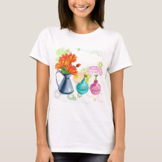 Camiseta Desenho da cor de água de 3 potes de flor