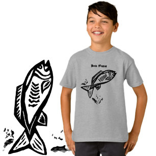 Camiseta Desenho da Linha Preta de Arte Primitiva de Peixes