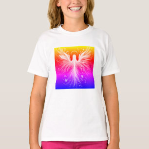 Camiseta Desenho de Anjo Colorido Brilhante em uma Mulher