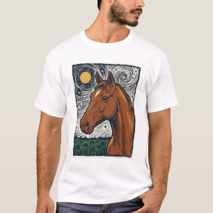 Camiseta Desenho de Arte de Cavalo Gravado Vintage Noite Es