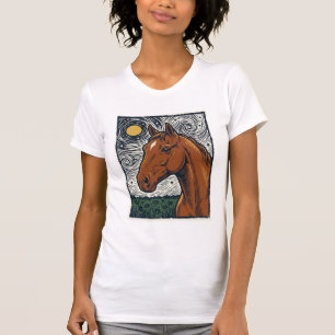 Camiseta Desenho de Arte de Cavalo Gravado Vintage Noite Es