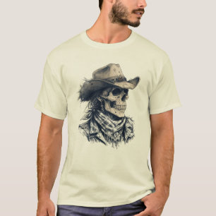 Camiseta Desenho de Arte de Crânio com Chapéu de Cowboy