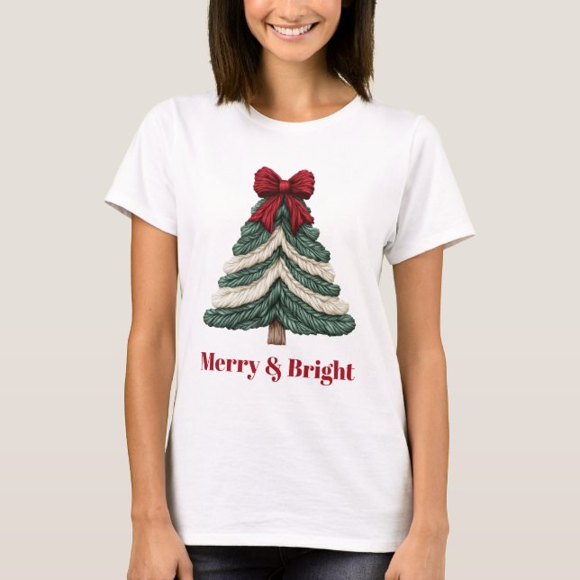 Camiseta Desenho de árvore de Natal com bordado falso de fi (Frente)