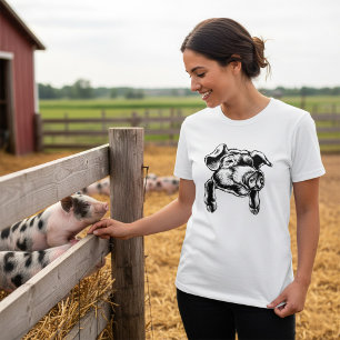 Camiseta Desenho de cabeça de porco em preto e branco