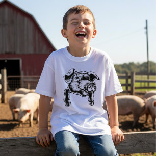 Camiseta Desenho de cabeça de porco em preto e branco