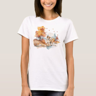 Camiseta Desenho de Cachorro Outono em Aquarela - Akita