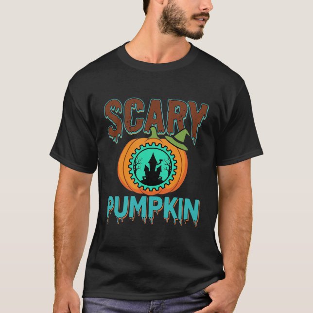 Camiseta Desenho de Casa Assombrada de Abóbora Assustadora  (Frente)