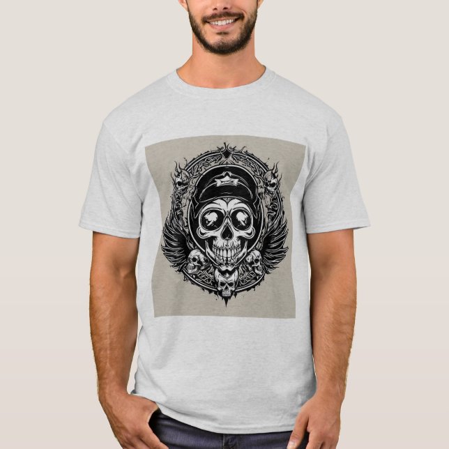 Camiseta Desenho de Caveira com Asas e Símbolos (Frente)
