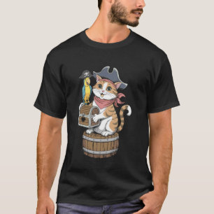 Camiseta Desenho de Caveira de Gato Pirata com Ossos Cruzad