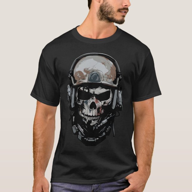 Camiseta Desenho de Caveira de Soldado do Exército com Equi (Frente)