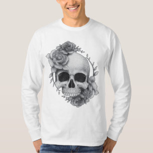 Camiseta Desenho de Caveira e Rosas