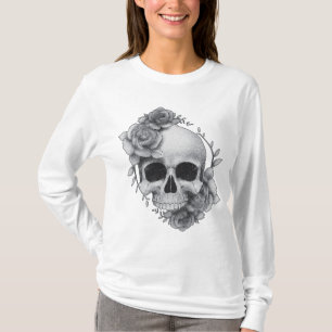 Camiseta Desenho de Caveira e Rosas