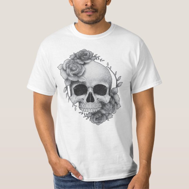 Camiseta Desenho de Caveira e Rosas (Frente)