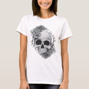 Camiseta Desenho de Caveira e Rosas