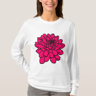 Camiseta Desenho de Chrysanthemum - Preto e Vermelho Neon