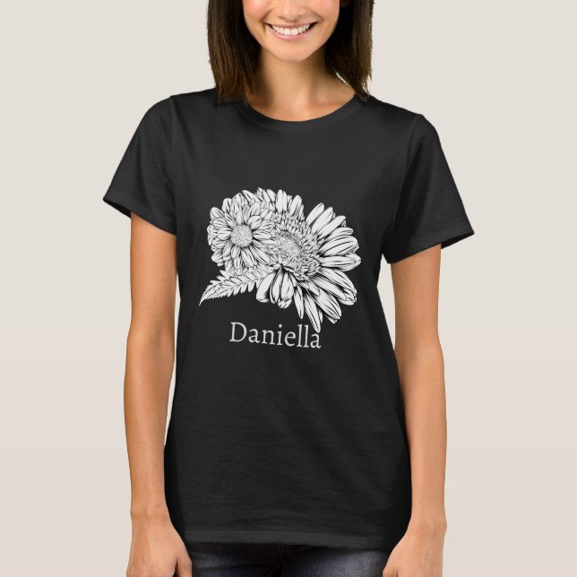 Camiseta Desenho de Crisântemo em Linha Preta com o Seu Nom (Frente)