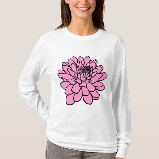 Camiseta Desenho de crisântemo - Preto e Rosa (Frente)
