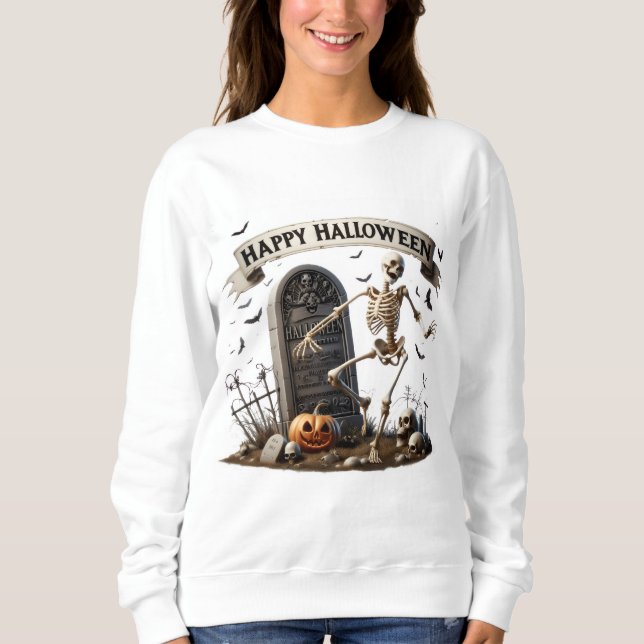 Camiseta Desenho de Esqueleto Dançante de Halloween (Frente)