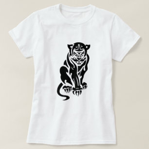 Camiseta Desenho de Estilo de Tatuagem de Puma Preto Branco