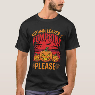 Camiseta Desenho de Folhas de Outono e Abóboras de Hallowee
