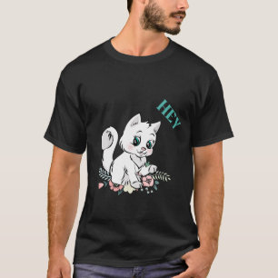 Camiseta Desenho de Gato Branco Fofo com Flores