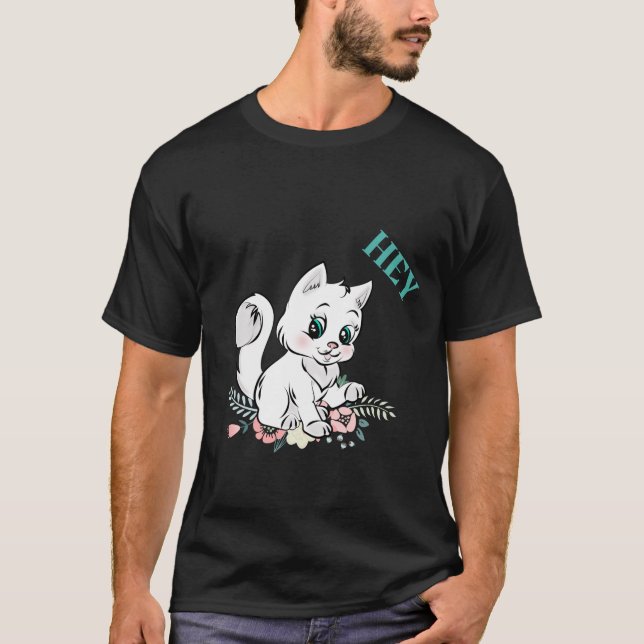 Camiseta Desenho de Gato Branco Fofo com Flores (Frente)