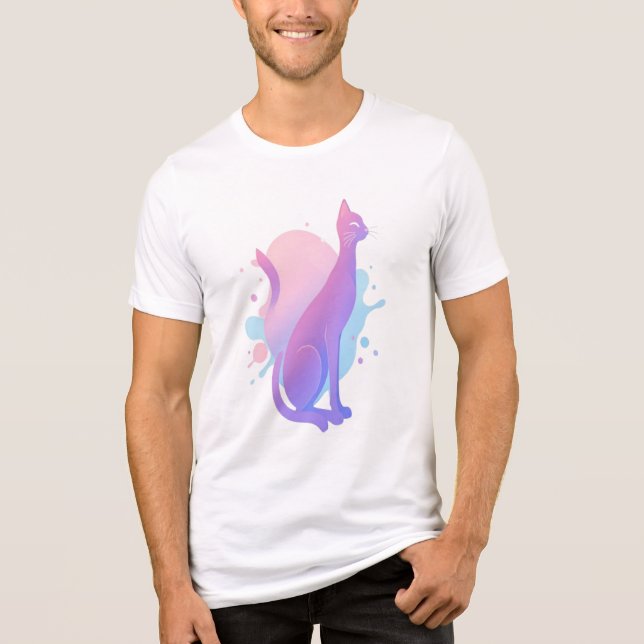 Camiseta Desenho de Gato com Gradiente Abstrato Elegante (Frente)