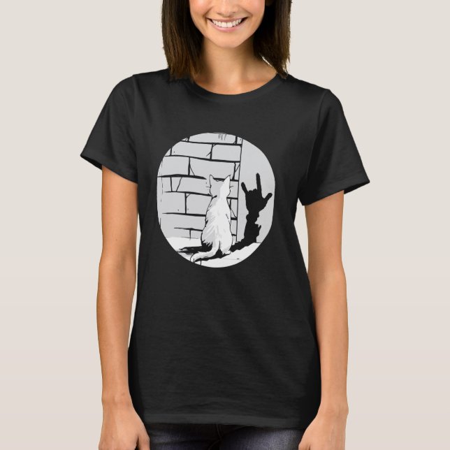 Camiseta Desenho de Gato e Parede Gato Branco com Sinal de  (Frente)