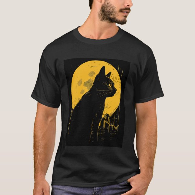 Camiseta Desenho de Gato Lua Assustadora de Halloween (Frente)