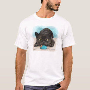 Camiseta Desenho de Gato Preto com Rato de Brinquedo