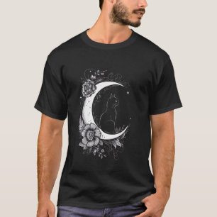 Camiseta Desenho de Gato Sentado Sobre Flores de Lua Cresce