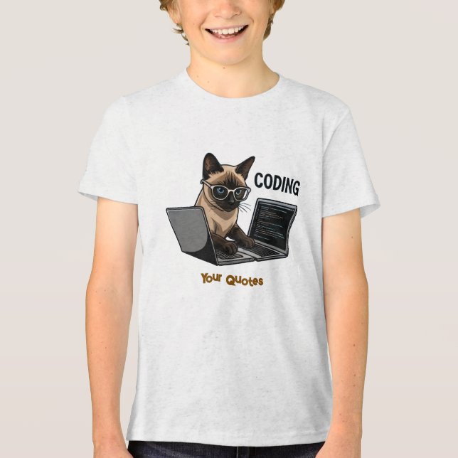 Camiseta Desenho de Gato Siames Cartoon Codificando (Frente)