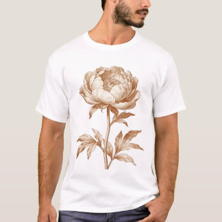 Camiseta Desenho de Gravura Botânica de Peônia Vintage
