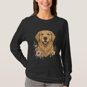 Camiseta Desenho de Gravura Vintage Floral Golden Retriever
