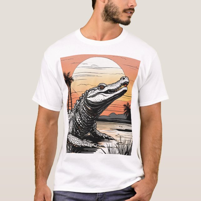 Camiseta Desenho de Linha Negrito: Silhueta de Alligador no (Frente)