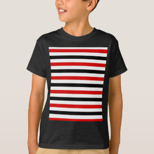 Camiseta desenho de listras vermelhas, pretas e brancas