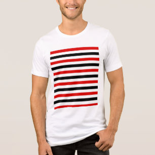 Camiseta desenho de listras vermelhas pretas e brancas