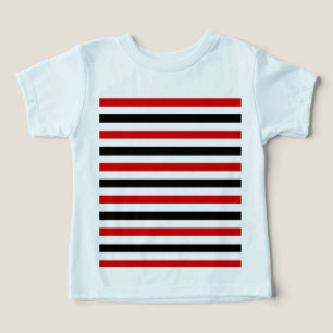 Camiseta desenho de listras vermelhas pretas e brancas