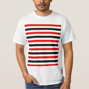 Camiseta desenho de listras vermelhas, pretas e brancas