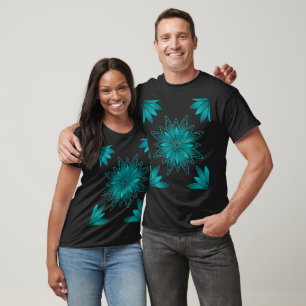Camiseta Desenho de Mandala de Folha Verde-azulado em Ciano